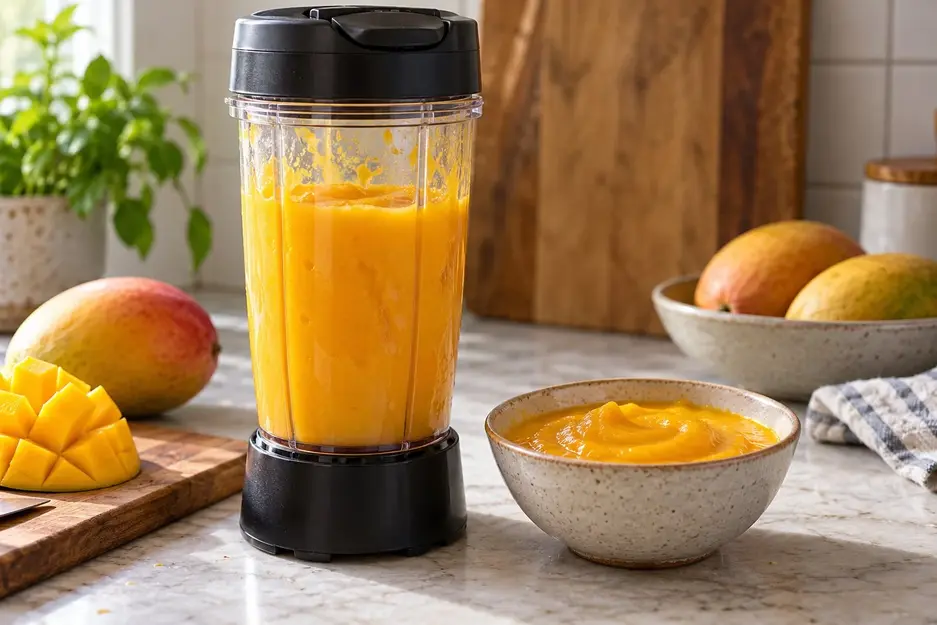 Mango puree for baby in a securely closed transparent blender cup on its base, beside a ceramic bowl of puree and fresh mango.