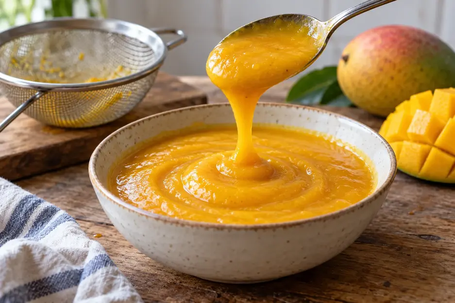 Thick, smooth mango puree for baby falls gently from a spoon into a shallow ceramic bowl, with a fine mesh sieve in the background.