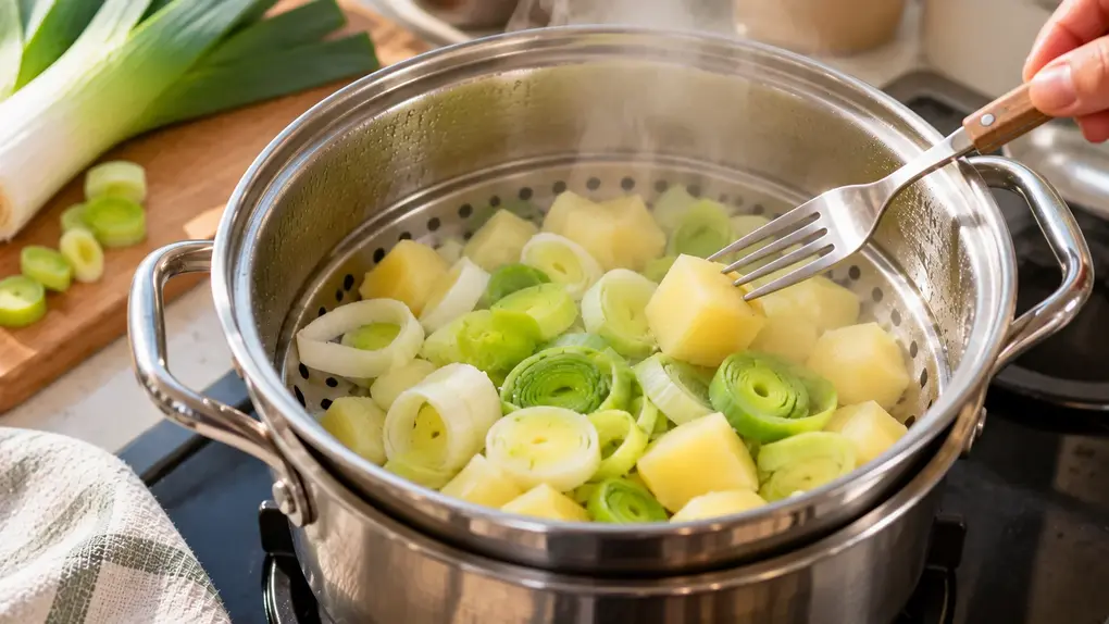 Leek puree for baby preparation with sliced leek and potato cubes steaming until tender, ready to blend into smooth homemade baby food.