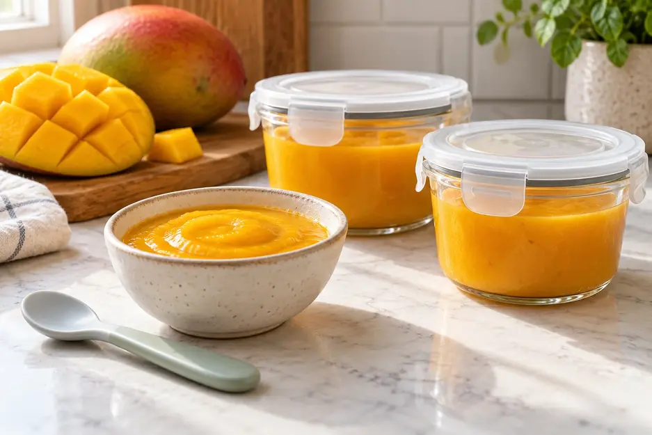 Fresh mango puree for baby in a small serving bowl and two sealed storage pots, with a clean spoon on a bright kitchen counter.