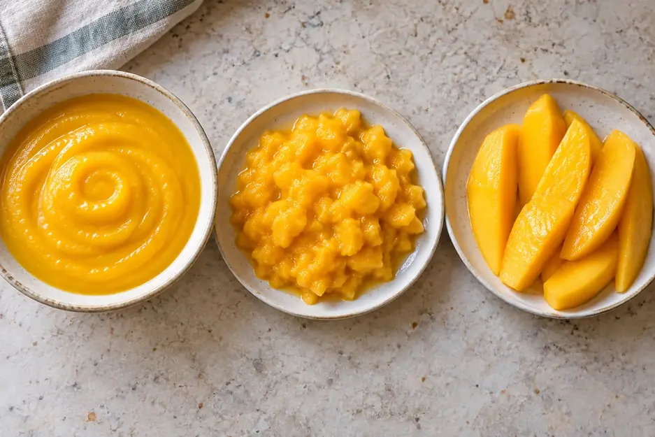 Mango puree for baby, soft fork-mashed mango and thick peeled mango spears served in three separate ceramic dishes, viewed from above.