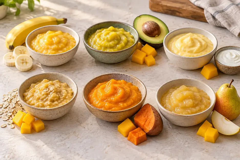 Six mango puree for baby combinations with banana, avocado, yogurt, oats, sweet potato and pear, each shown beside its matching ingredient.