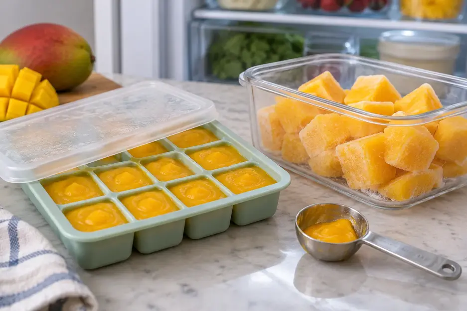 Mango puree for baby portioned in a silicone tray with a partly lifted lid, beside frozen puree cubes in a clear container and a tablespoon measure.