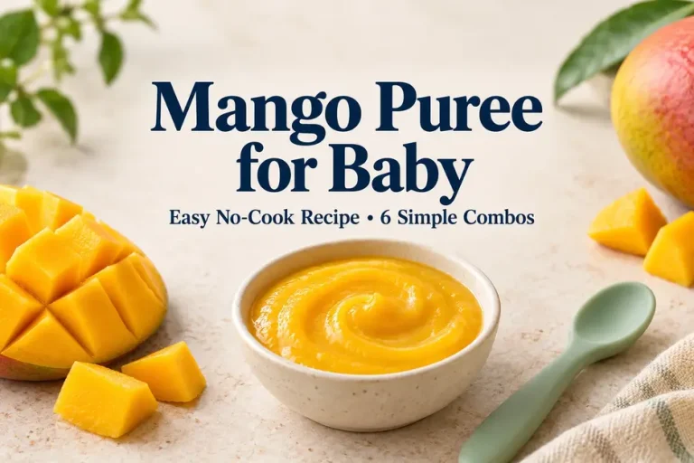 Mango puree for baby in an ivory bowl with fresh mango and a silicone spoon, beneath centered text highlighting a no-cook recipe and six combos.