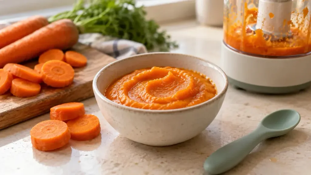 Cream bowl of smooth carrot puree with cooked carrots, a silicone spoon and blender, showing how to make baby puree at home.