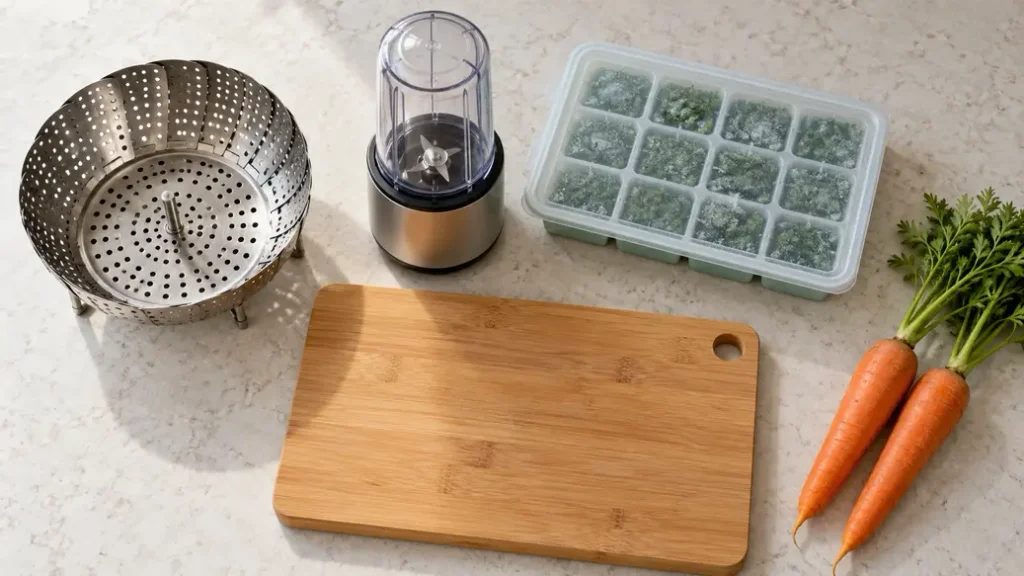 
Steamer basket, blender, chopping board, freezer tray and carrots on a pale counter, showing equipment for how to make baby puree.