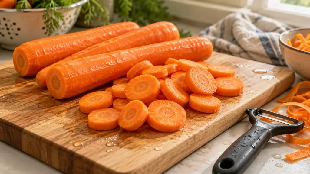 Peeled carrots and evenly sliced raw carrot rounds on a wooden chopping board with a peeler, the first step in how to make baby puree.