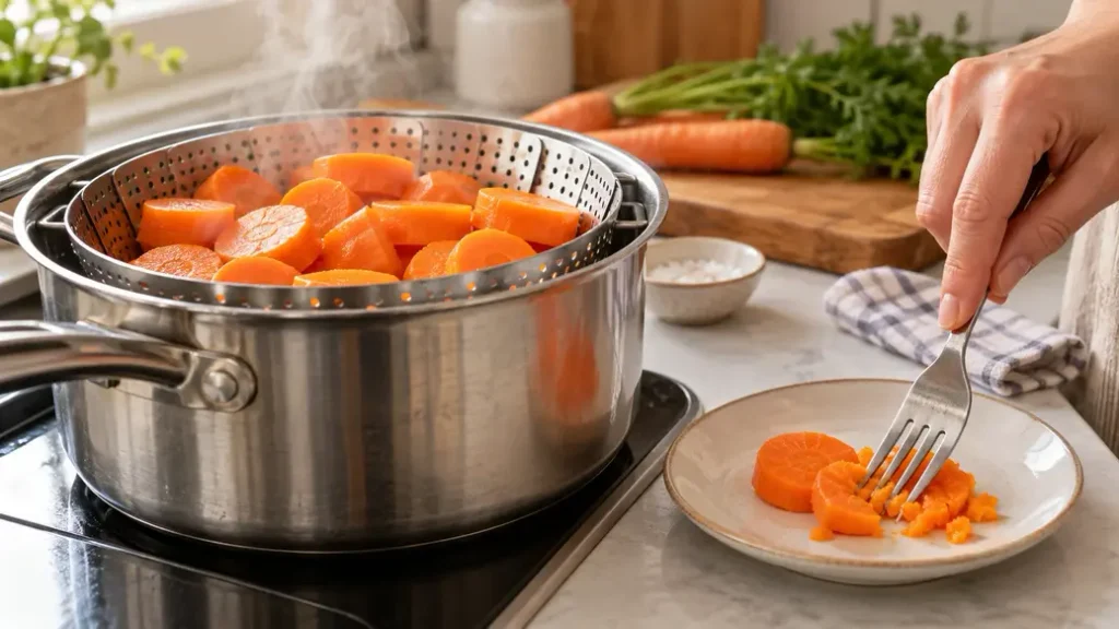 Steamed carrot slices in a basket beside a hand crushing a soft carrot with a fork, showing the cooking step in how to make baby puree.