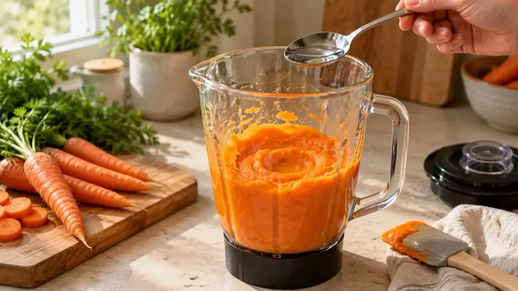 A hand holds a spoonful of water above carrot puree in an open blender jug, showing how to make baby puree with an adjusted texture.