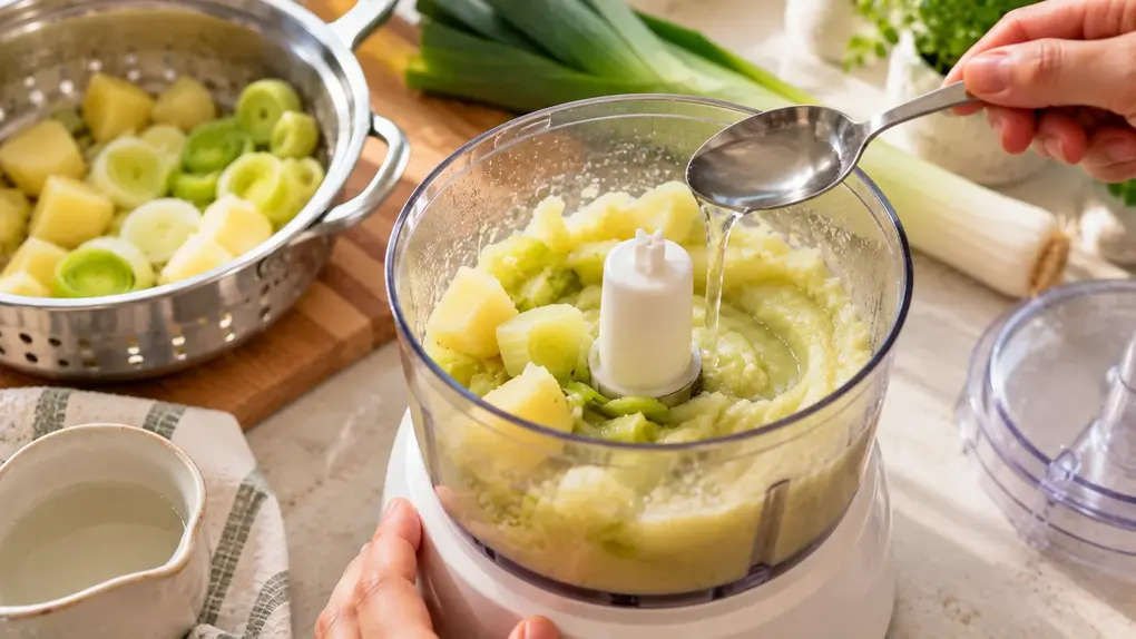 Leek puree for baby preparation with steamed leek and potato blending in a food processor with water for a smooth homemade baby food texture.