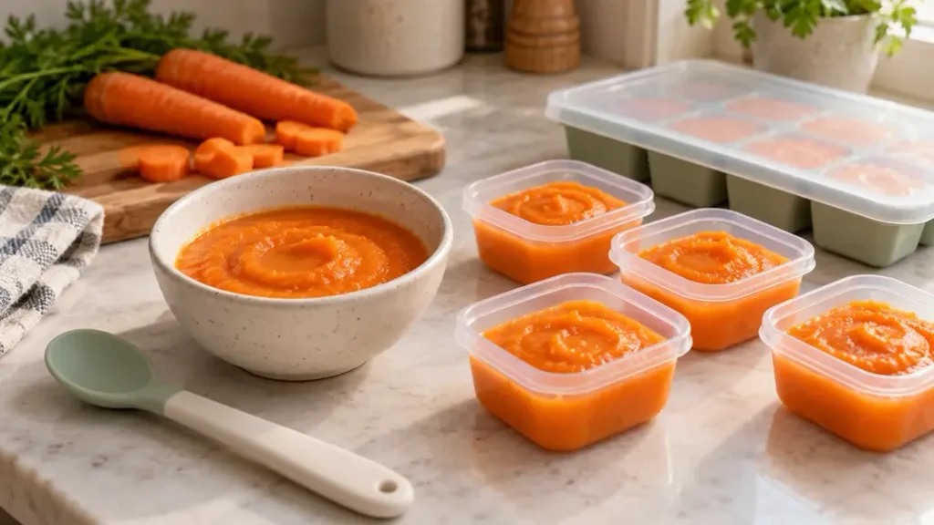 Carrot puree in a cream bowl and small storage containers beside a covered freezer tray, showing how to make baby puree and portion it for storage.
