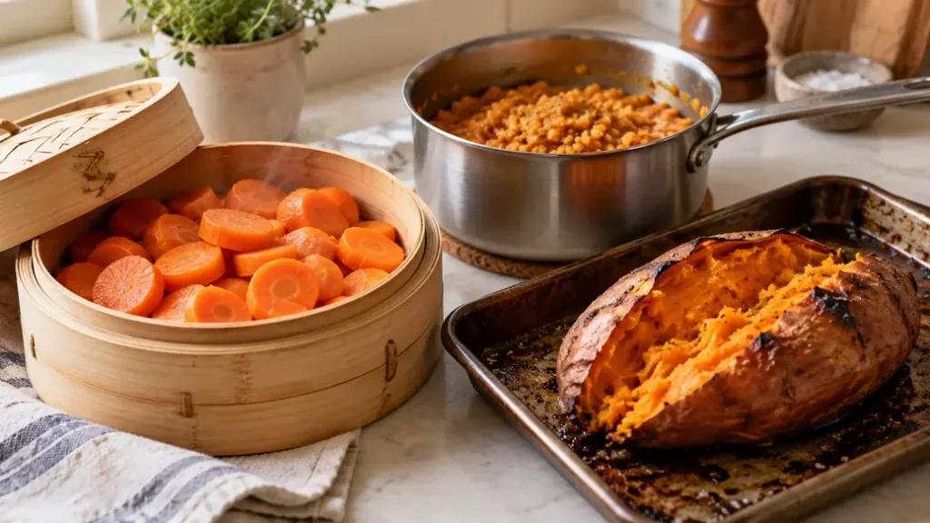 Steamed carrots, a split roasted sweet potato and cooked red lentils on a kitchen counter, showing cooking methods for how to make baby puree.