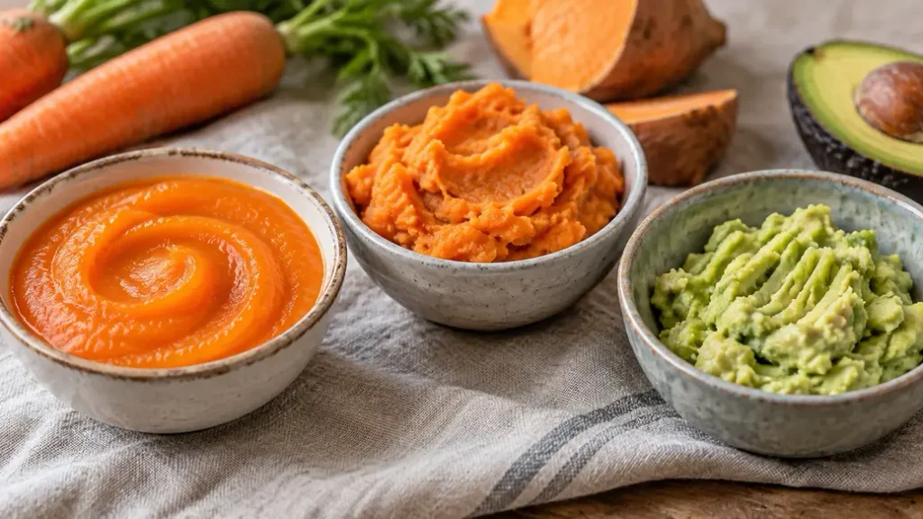 Three ceramic bowls of smooth carrot puree, thick sweet potato mash and fork-mashed avocado, showing texture options for how to make baby puree.