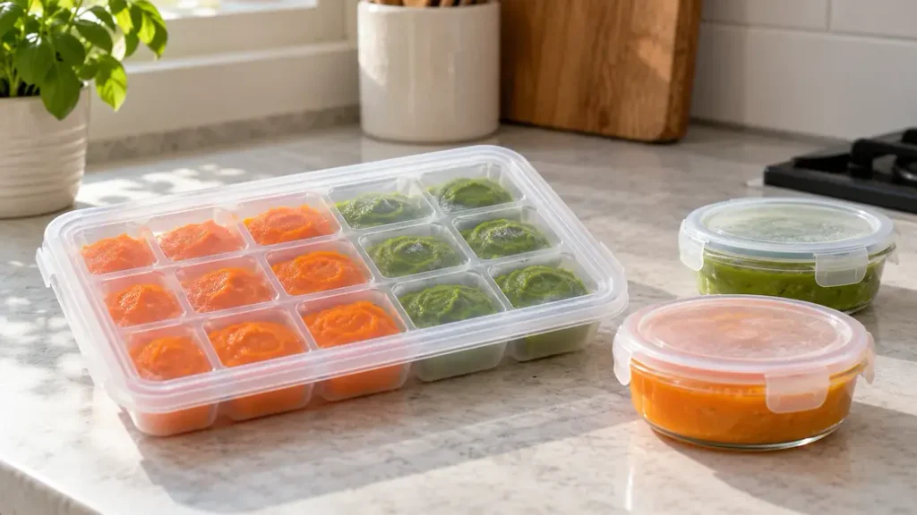 Covered freezer tray of orange and green puree beside two sealed containers, illustrating storage for a how to make baby puree guide.