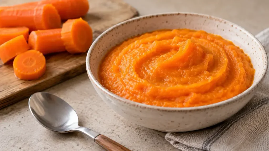 Fresh carrot puree in a shallow speckled bowl beside steamed carrot pieces and a spoon, showing the finished result of how to make baby puree.