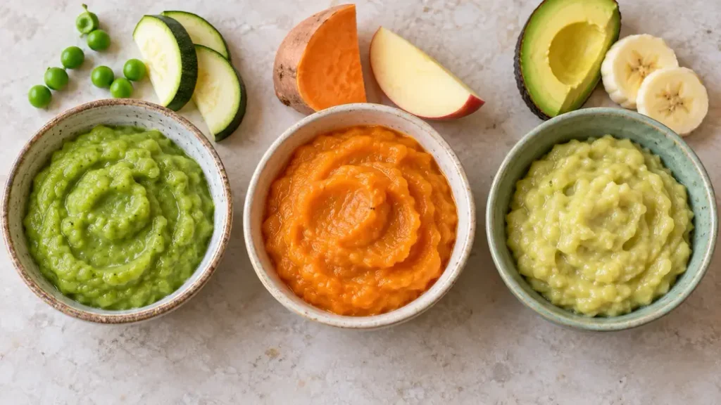 Pea-zucchini, sweet potato-apple and avocado-banana purees in three ceramic bowls with matching ingredients, showing how to make baby puree combinations.