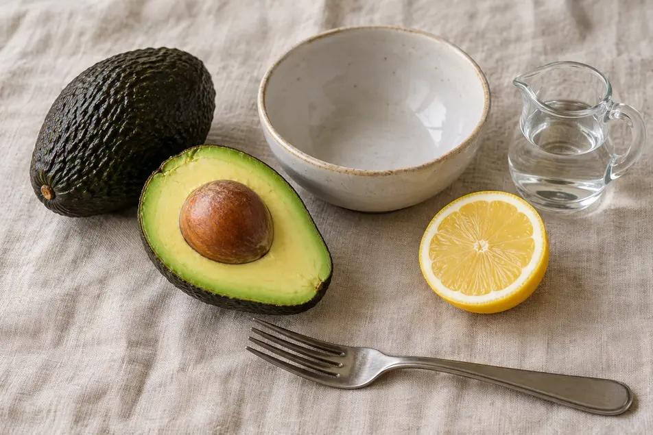 Ingredients for avocado puree for baby: whole and halved avocado, half a lemon, water, a ceramic bowl and a fork on neutral linen.