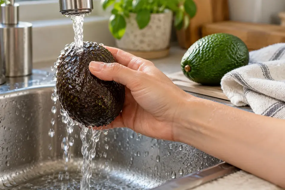 Washing a ripe avocado under running water to prepare avocado puree for baby, with another avocado and a clean towel nearby.