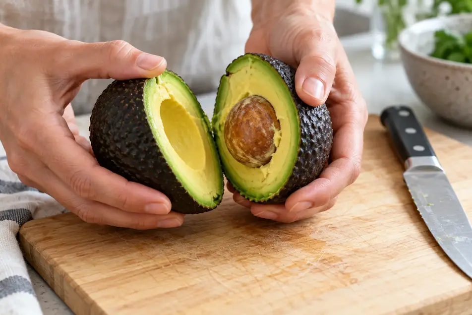Hands separating ripe avocado halves to prepare avocado puree for baby, with the pit in one half and a knife on the wooden board.