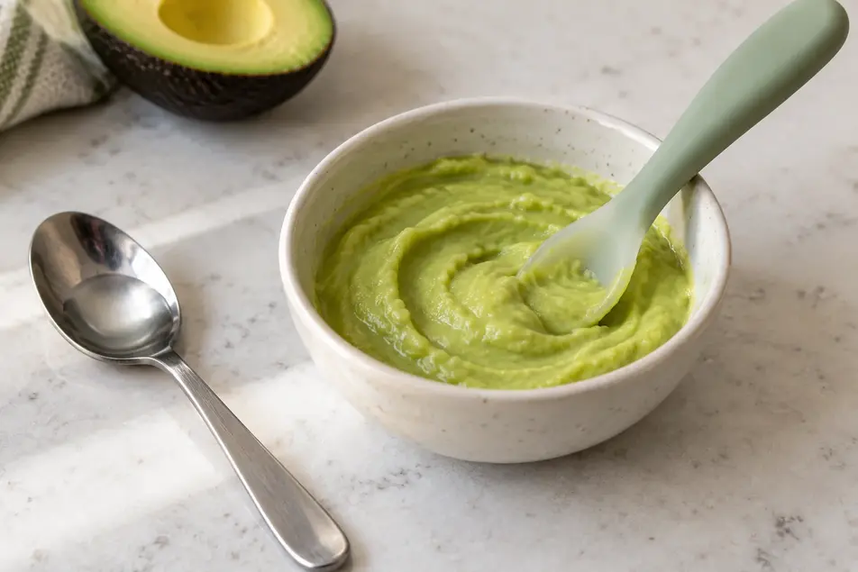 Smooth avocado puree for baby in a ceramic bowl with a silicone spoon, beside a teaspoon of water for adjusting the texture.