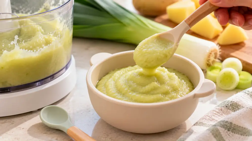 Leek puree for baby being spooned into a cream bowl, showing a smooth homemade texture made with steamed leek and potato for easy baby food.