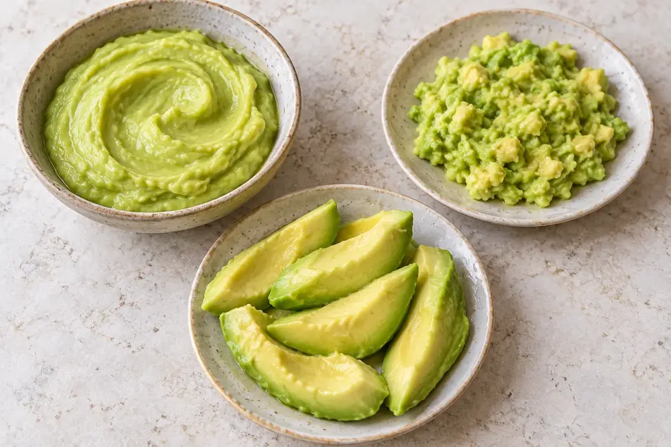 Avocado puree for baby, fork-mashed avocado and peeled avocado spears served in three separate ceramic dishes.