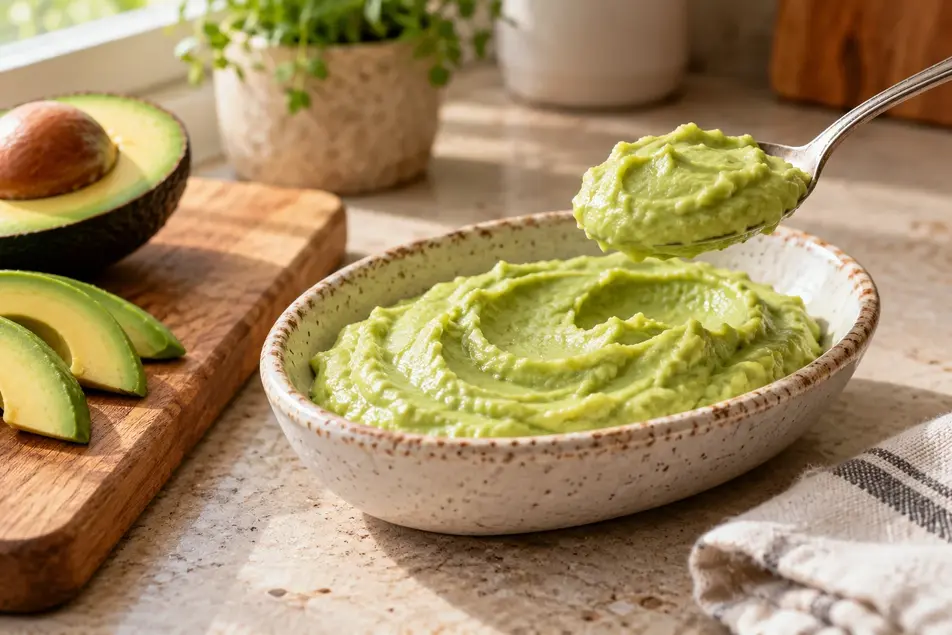 Avocado puree for baby in an oval stoneware dish with a spoonful lifted above it and avocado slices on a wooden board beside it.
