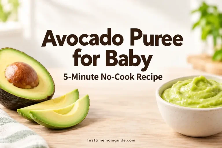 Avocado puree for baby in a ceramic bowl beside fresh avocado slices, with centered text reading “Avocado Puree for Baby: 5-Minute No-Cook Recipe.
