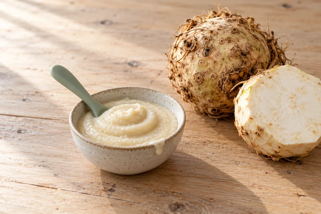 Celery root puree for baby in a ceramic bowl with a silicone spoon, served beside a whole and halved celery root.