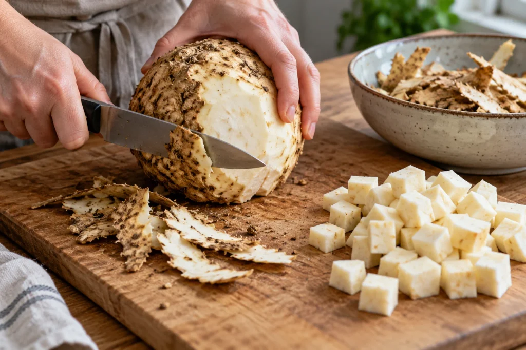 Hands peeling celery root for baby puree on a wooden board, with cubes of celery root and a bowl of peels nearby.