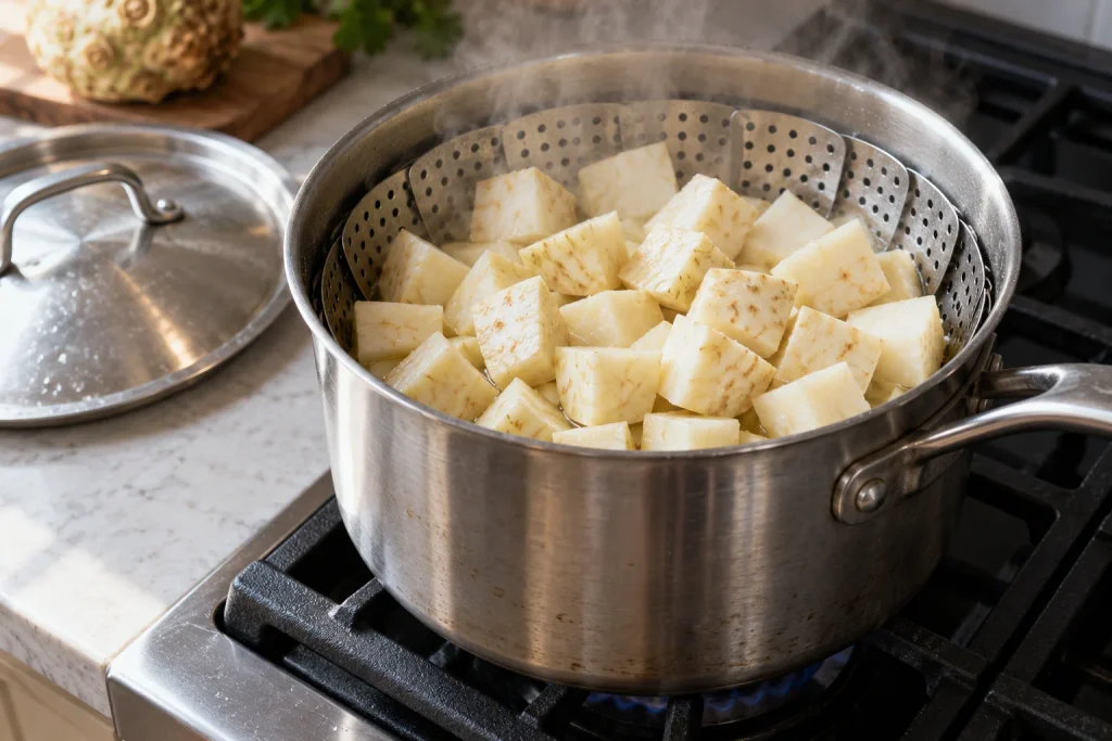 Celery root cubes steaming in a saucepan before being blended into celery root puree for baby.