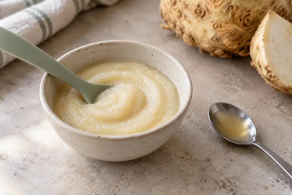 Celery root puree for baby served three ways: smooth puree, soft fork mash and tender steamed sticks.