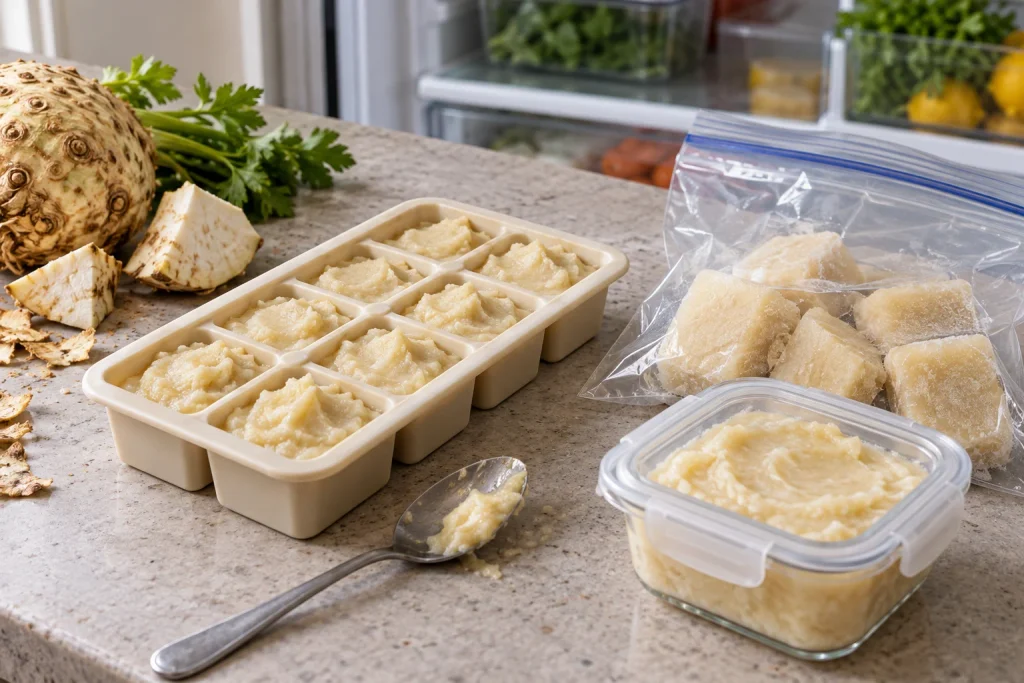 Celery root puree for baby in a freezer tray, with frozen portions in a bag and puree in a storage container.