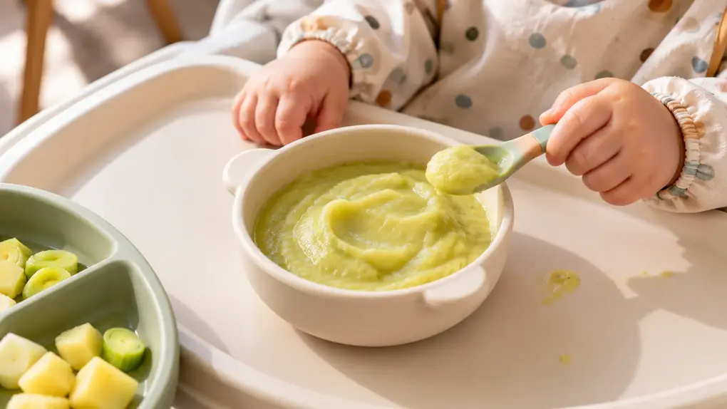 Leek puree for baby served in a cream bowl with a silicone spoon, showing a thick smooth texture for an easy homemade baby food meal.