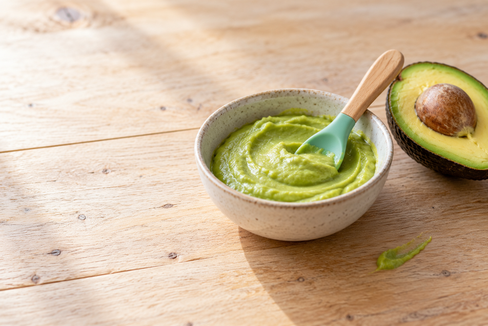 Avocado puree for baby in a ceramic bowl with a silicone spoon, beside a halved ripe avocado on a light wooden table.