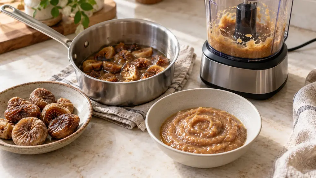 Dried fig puree for baby in a shallow bowl, beside plain dried figs, softened figs in a saucepan and a compact blender.