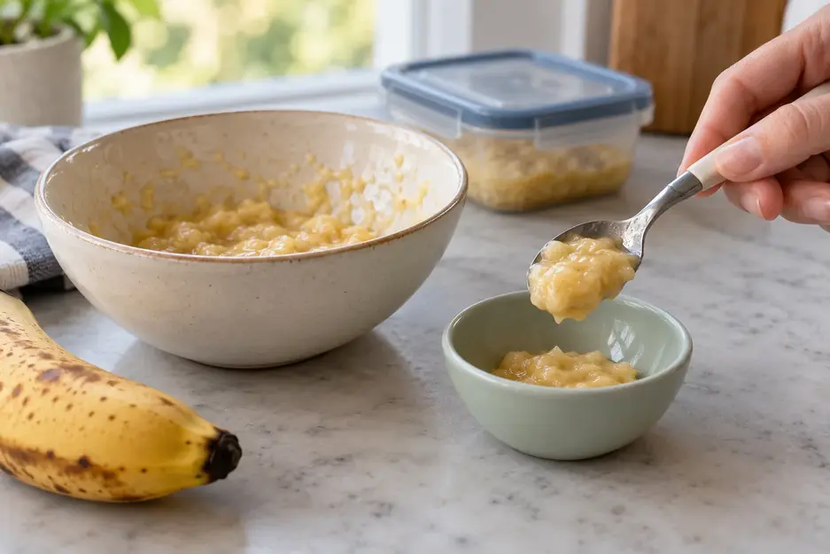Spoon transferring banana puree for baby into a small feeding bowl, with a preparation bowl and sealed storage container behind it.