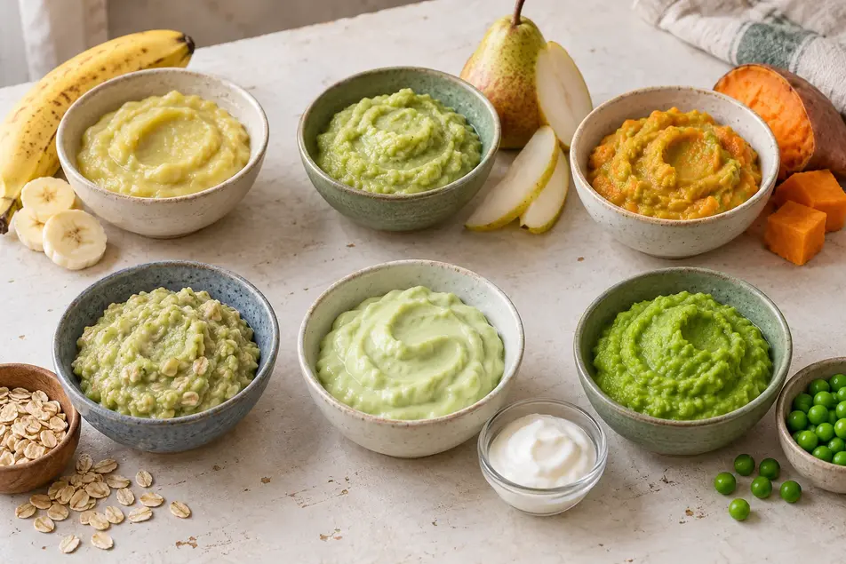 Six avocado puree for baby combinations with banana, pear, sweet potato, oats, yogurt and peas, served in ceramic bowls beside matching ingredients.