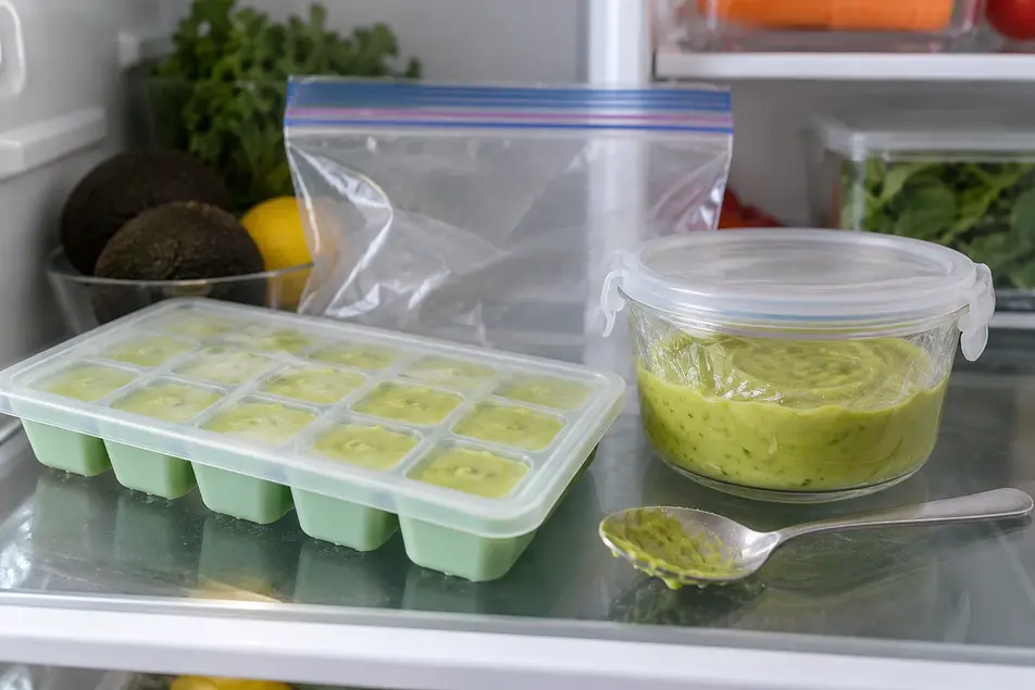 Avocado puree for baby stored in a covered silicone tray and an airtight container with plastic wrap, beside a freezer bag on a refrigerator shelf.