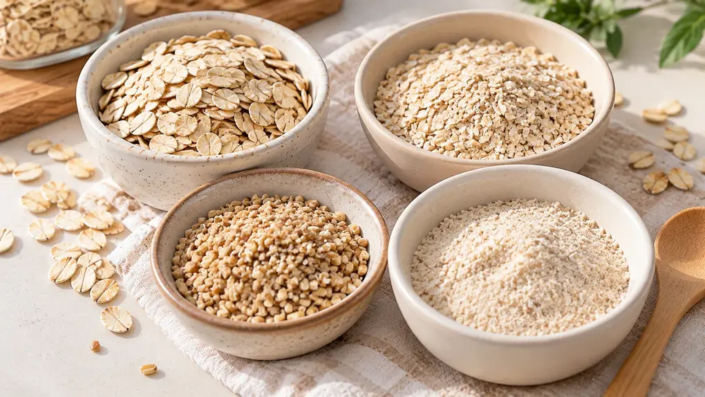 Four ceramic bowls showing rolled oats, quick oats, steel-cut oats, and infant oatmeal cereal for babies on a cream linen surface.