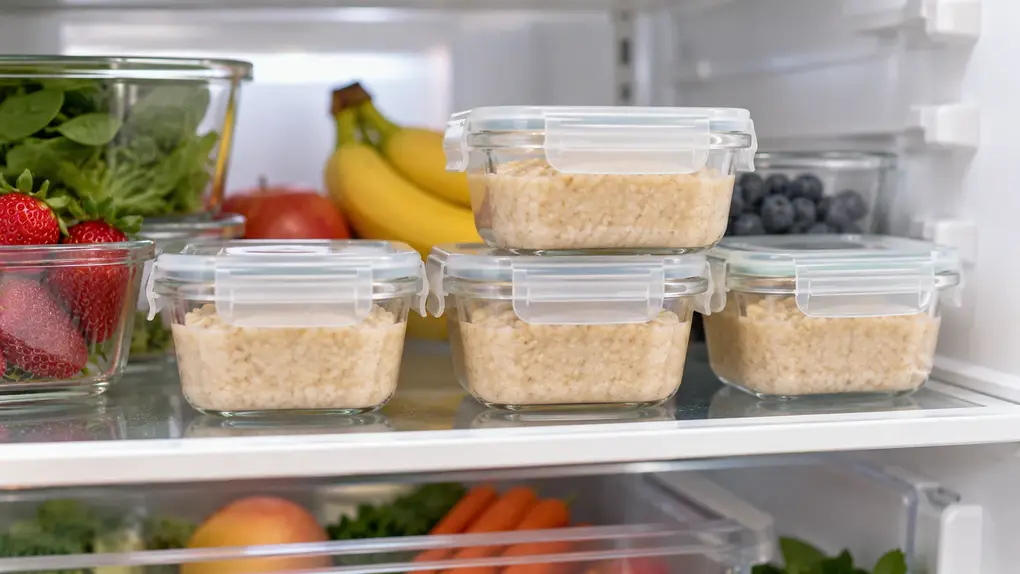 Homemade oatmeal for babies stored in small airtight glass containers on a refrigerator shelf for easy meal prep and safe storage.