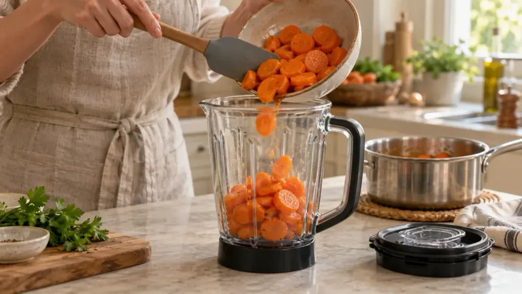 Cooked carrot slices transferred from a bowl into an open blender jug with a silicone spatula, showing how to make baby puree.