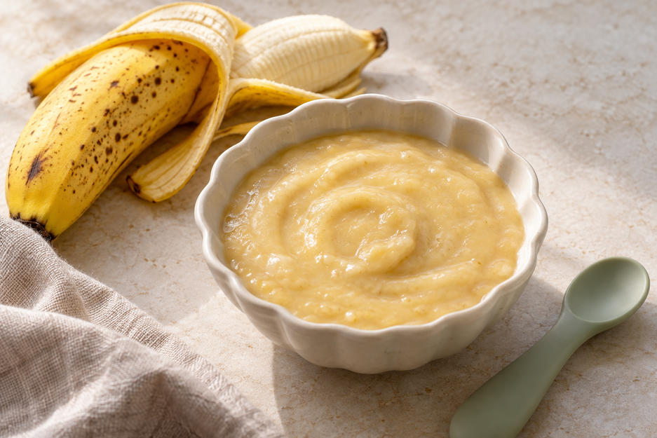 Creamy banana puree for baby in a scalloped bowl with a ripe banana and baby spoon, an easy homemade no-cook baby food.