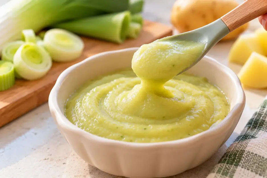 Leek puree for baby on a spoon, showing a smooth creamy leek and potato texture perfect for an easy homemade baby food recipe.